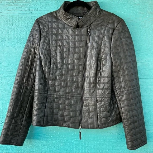 Worth Brown Quilted Leather Luxury Jacket High Neck Zip Front Size 14 - Picture 2 of 10